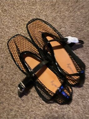 Black Mesh Mary Jane Flats with Patent Strap - Women